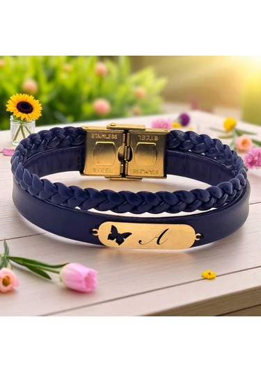 Archin A Harfine Özel Lacivert Derili Kelebek Motifli 14 Ayar Altın Plakalı Hediye Bileklik-616harf A