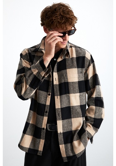 Wıldy Erkek Pamuk-polyester Gömlek Yaka Relaxed Oduncu Bej Gömlek