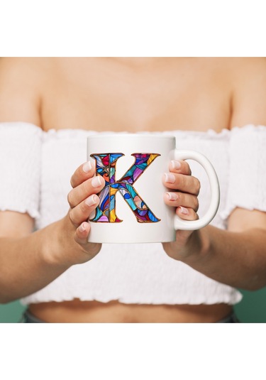 K Harfi Bardak 330 Ml İsme/harfe Özel Hediye, Renkli Harf Tasarım Beyaz