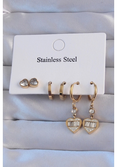 316l Çelik Gold Renk Zirkon Taşlı Kalp Model Halka Küpe Seti - Tj-bkp9151 Çok Renkli