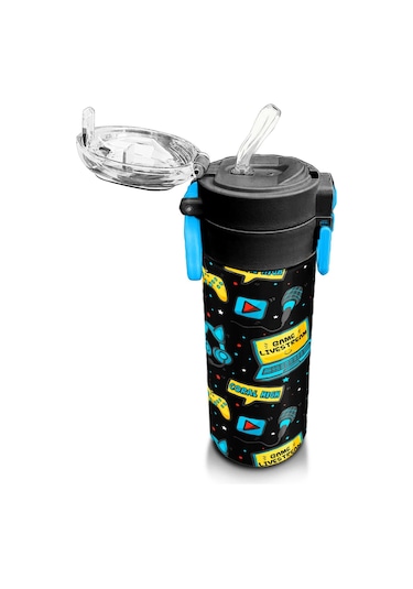 Coral High Kids Siyah Mavi Gamer Desenli Pipetli Ve Direkt İçim Çelik Termos 500 Ml 31984 Siyah - Mavi