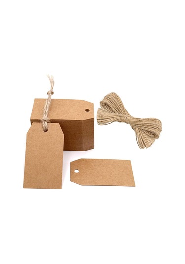 100 Paket Kraft Kağıt Hediye Etiketi, 4cm X 7cm, Burl'lu Askılı E