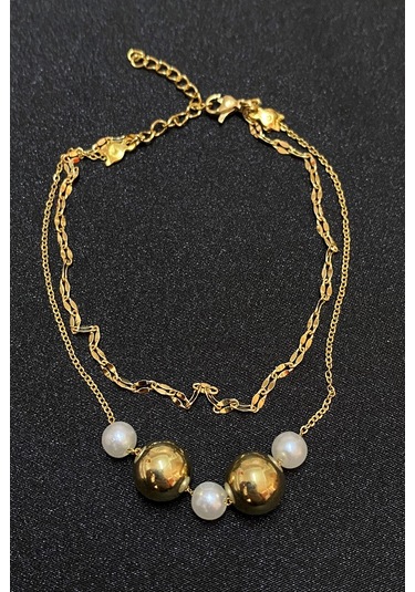 Altın Renk İnci Küre Model Singapur Ve Sf Zincir Çelik Halhal - 3292 Çok Renkli