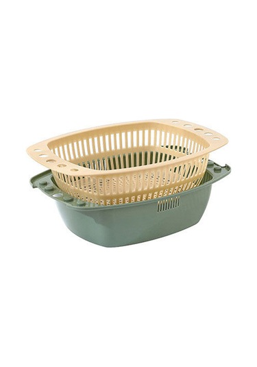 Konesam Çift Katlı Plastik Sebze Yıkama Sepeti - Su Süzme, Depolama Ve Taşınabilir Mutfak Aleti Asker Yeşili Yeşil