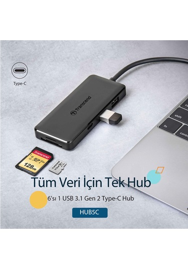 Transcend TS-HUB5C 2-Port Type-A,1-Port Type-C,1-Port PD,SD/MicroSD Gen 2 Type C HUB & Kart Okuyucu