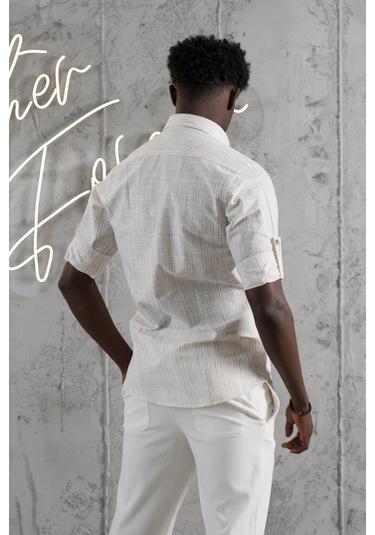 Advante İnce Çizgili Yaka Düğmeli Katlamalı Kol Pamuklu Slimfit Yazlık Keten Gömlek Kahve