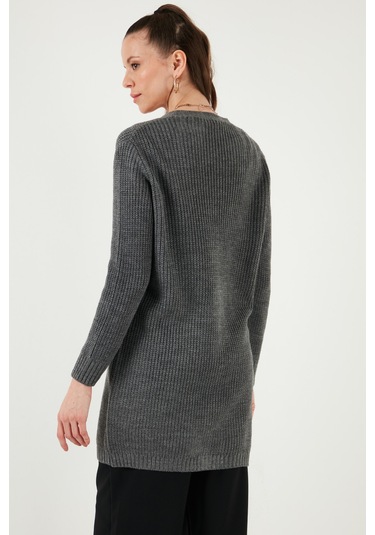 Lela Regular Fit V Yaka Düğmeli Triko Örme Uzun Bayan Hırka 4615044 Koyu Gri