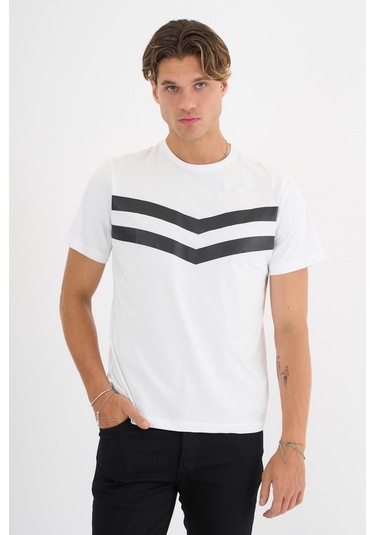 Erkek Beyaz Baskılı %100 Pamuklu Standart Kalıp T-sihrt Beyaz