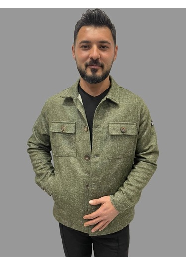 Erkek Cep Detaylı Kışlık Haki Kaşe Gömlek Haki