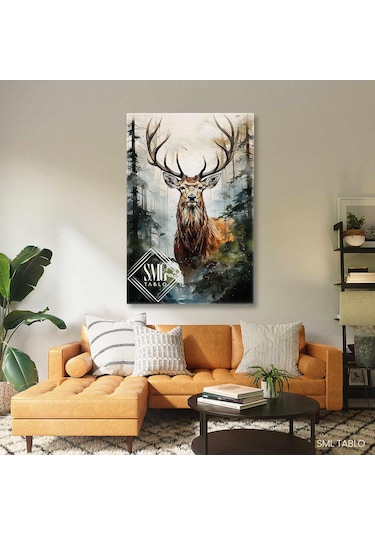 Ormanda Ala Geyik Boynuzlu Ren Geyiği Kanvas Tablo 70x100 Cm