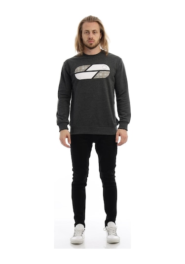 Erkek Polo State Baskılı Bisiklet Yaka Sweat Antrasit