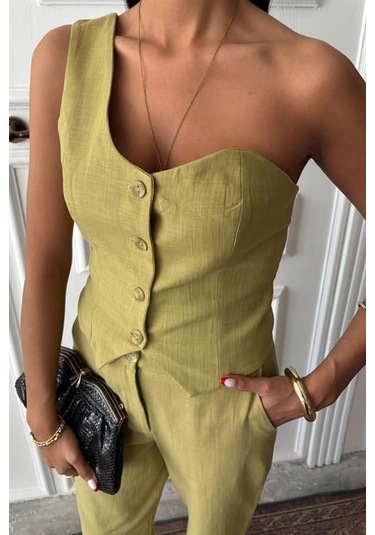 Tek Omuz Büstiyer Plazzo Pantolon Viscon Takım 10159 Çağla