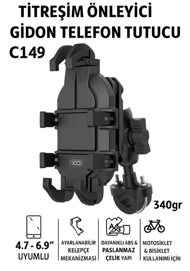 Titreşim Önleyici Gidon Telefon Tutucu Dayanıklı Abs Paslanmaz Çelik Yapı 4.7-6.9" Uyumlu Mat Siyah