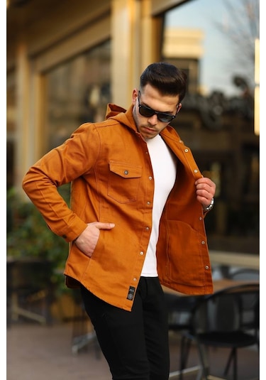 Hardal Renk Kapüşonlu Kot Ceket Hardal