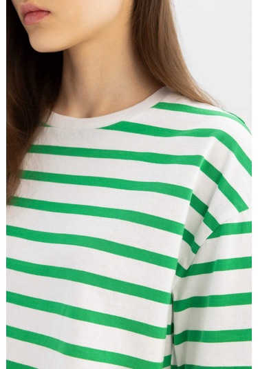 Defacto Coool Fitted Çizgili Kısa Kollu Tişört A9046AX24SMGN689 Yeşil