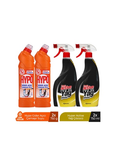 Hypo Gider Açıcı Çamaşır Suyu Çam Tazeliği 750 Gr X 2 + Hyper Active Yağ Çözücü 750 Ml X 2 4'lü Set