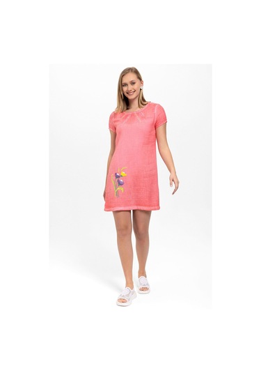 Pembe Çiçek İşlemeli Kısa Kollu Yazlık Astarsız Pamuklu Elbise Pembe