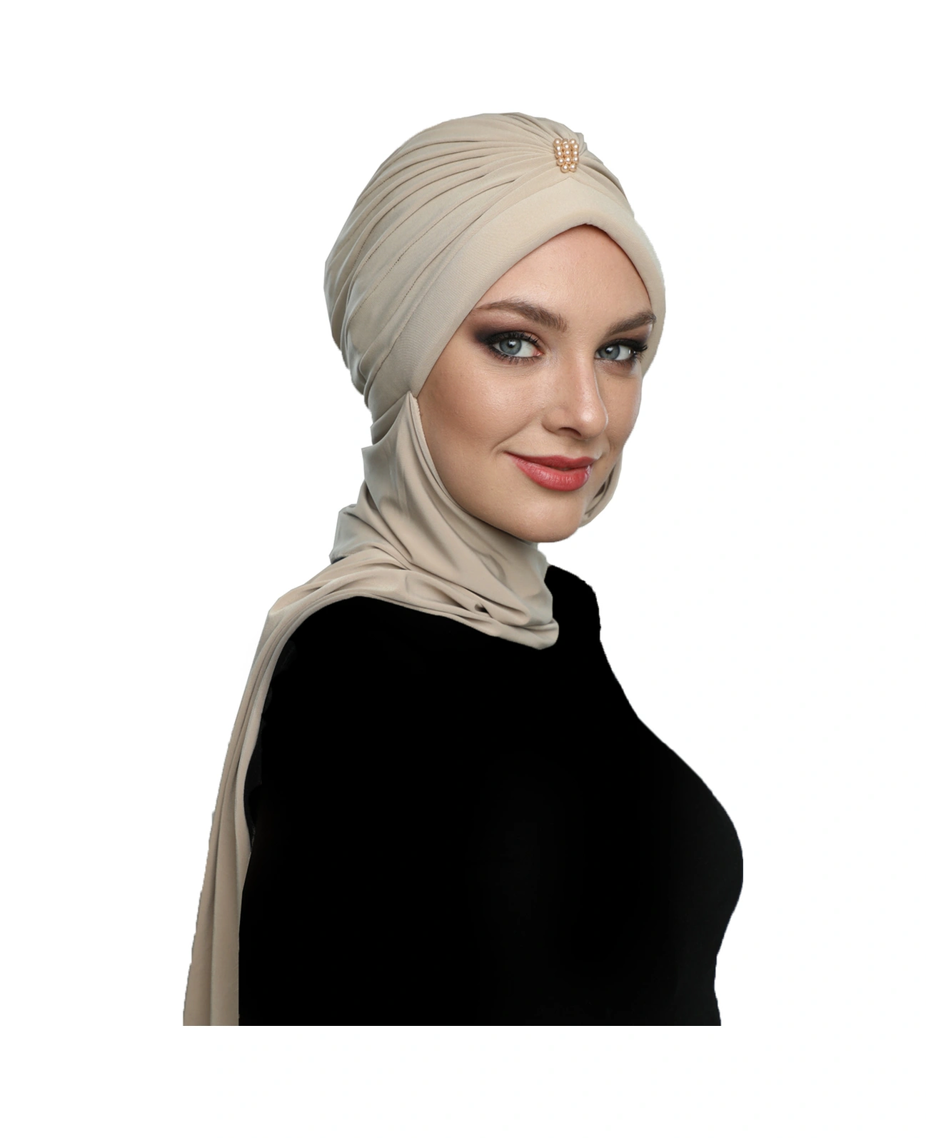 Incili Atkılı El Işi Inci Işlemeli Bej Hazır Türban Tesettür Bone Bej