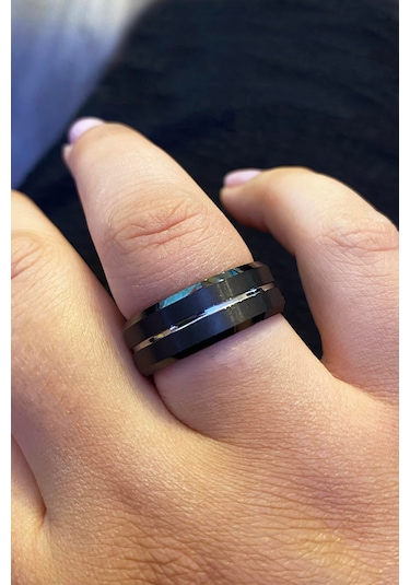 Erkek Siyah Renk Gümüş Çizgi Detay Tungsten Yüzük Siyah
