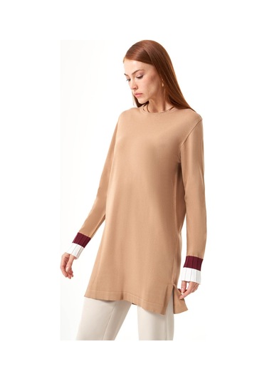 Mizalle Kol Piliseli Rayon Triko Camel-beyaz Tunik Camel