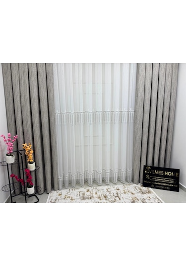 Nivemeshome 2571 V -105 Reina Gümüş 1/2,5 Pileli Bambu Tül Perde Gümüş
