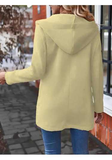 Kadın Uzun Kollu Kapşonlu Önden Fermuarlı Uzun Üç Iplik Ceket Bej