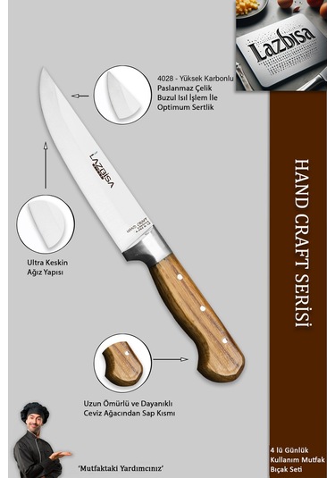 Lazbisa Mtf-036 Hand Craft Mutfak Bıçak Seti Et Ekmek Sebze Bıçağı 4 Lü Set Günlük Kullanım Kahverengi