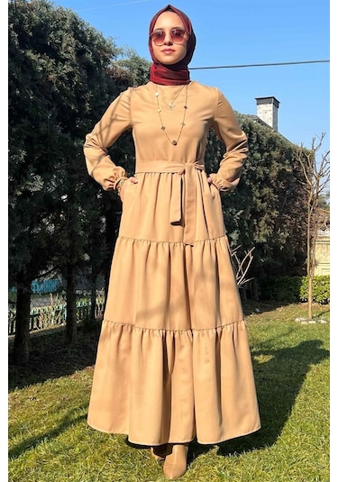 Rabia Şamlı Bej Gabardin Elbise Normal