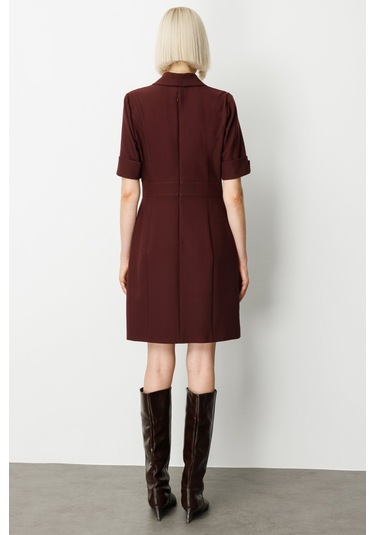Ekol Kadın Kruvaze Yaka Süs Düğmeli Elbise 4017 Bordo Bordo