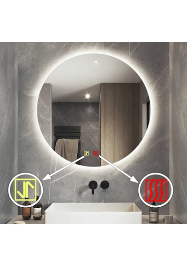 90 Cm Çap Buğu Çözücülü Dokunmatik Işıklı Ledli Yuvarlak Banyo Aynası