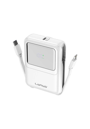 10000 Mah Kablosuz Powerbank Dijital Led Ekranlı, Type-c & Lightning Kabloları, Güçlü 15w Hızlı Şarj BEYAZ