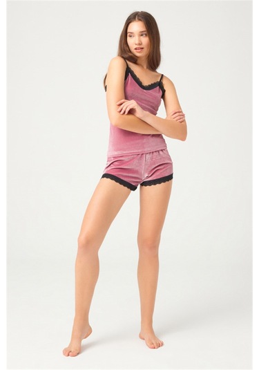 Pudra Dantel Detaylı İnce Askılı Kadife Kadın Atletli Şortlu Takı Pudra