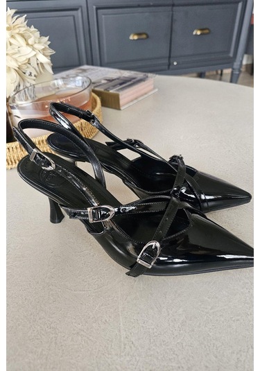 10 1103 Topukla Kadın Bilekden Bağlamalı Kısa Topuklu Sivri Burun Ayakkabı Siyah Rugan