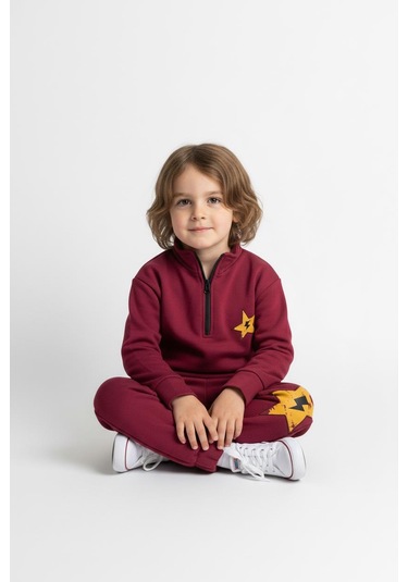 Fermuar Detaylı Şimşek Baskılı 2 Li Takım Bordo