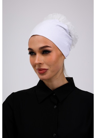 Kaymayan Fırfırlı Silikonlu Dikişsiz Bone Ekru - Kaymaz Kadın Tesettür Bağlamalı İç Bone Ekru