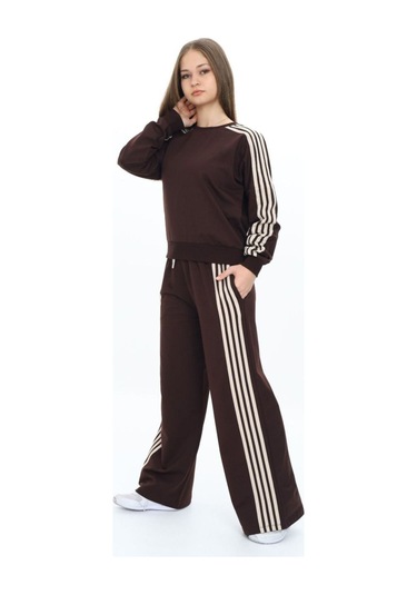 Kız Çocuk %100 Pamuk Uzun Kol Oversize Alt&üst Eşofman Takımı-eşt-0027 Kahverengi-krem