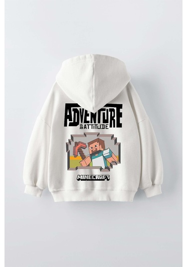 Erkek Çocuk Mınecraft Modelli Kol Manşetli Pamuk Kapşonlu Sweat Ekru