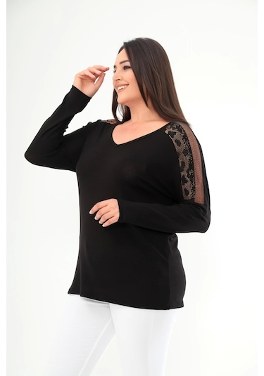 Omuz Tül Detaylı Taş Baskılı Bluz Siyah - Altın