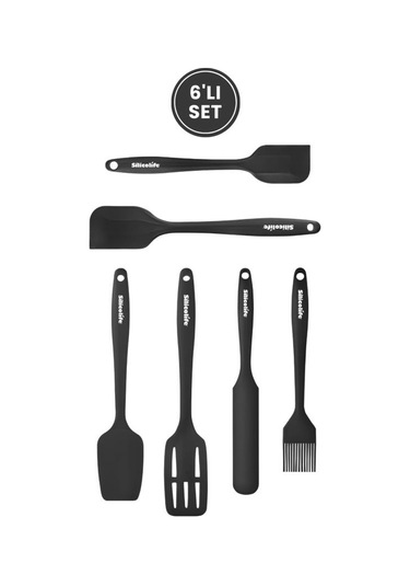 Silikon Mutfak Seti 6 Lı, Isıya Dayanıklı Yanmaz Yapışmaz Silikon Spatula Seti 6 Parça Siyah Siyah