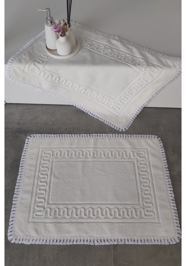 2'li Püsküllü Ayak Havlusu-%100 Pamuk-50x70 Cm Ekru