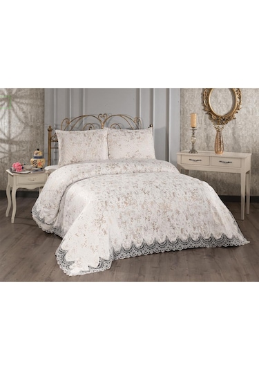 Fransız Güpürlü Çeyizlik Yatak Örtüsü Bulut Cappucino Capucino