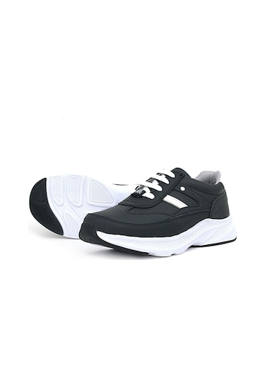 Rakerplus Hakiki Deri Siyah Beyaz Metal Detaylı Bağcıklı Kız Çocuk Spor Ayakkabı Siyah