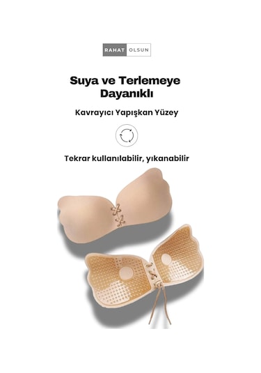 Askısız Yapışkanlı Toparlayıcı Bej Kelebek Hayalet Silikon Sütyen, Toparlayıcı Ipli Dolgunlaştırıcı Bej