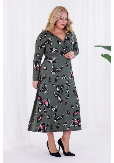Kadın Yeşil Tiger Desen Kruvaze Yaka Büyük Beden Esnek Maxi Elbise Yeşil