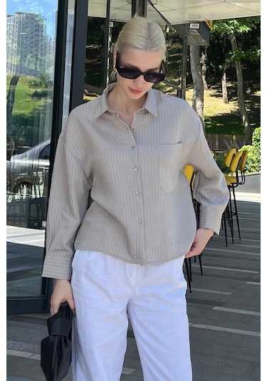 Madmext Gri Çizgili Oversize Kadın Gömlek Mg2093-gri Gri