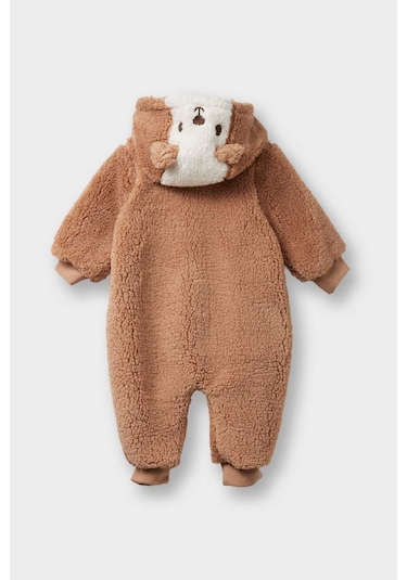 Defacto Erkek Bebek Yenidoğan Kapüşonlu Fermuarlı Uzun Kollu Pelüş Tulum D6028a525wnbn287 Kahve