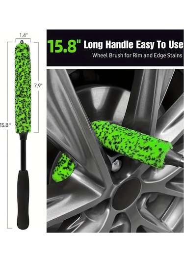 Fochsia 2 Adet Yeşil Araba Tekerlek Göbek Fırçası Uzun Saplı Lastik Jant Temizleme Fırçası Dayanıklı Pp Malzeme Yeşil Fırça Siyah Sap