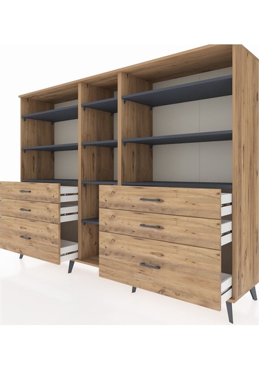 Hyperion Dolap 10 Raflı 6 Çekmeceli 220x44x163 Çam-antrasit/çam Çam-antrasit/çam