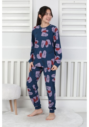 Tangled Hearts Desenli Kız Çocuk Pijama Takımı 8-13 Lacıvert