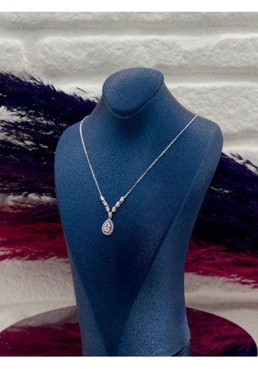 925 Ayar Gümüş Pembe Kuvars Taşlı Özel Tasarım Lüks Kadın Kolye Gümüş